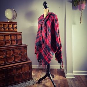 Open-Front Plaid Hooded Poncho Wrap-OS